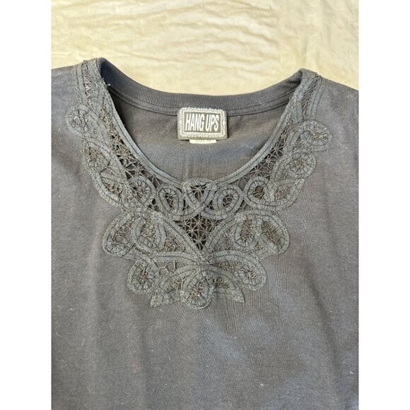 Hang Ups Womens Black Blouse Medium short sleeve pullover 100% cotton round neck - Picture 3 of 7